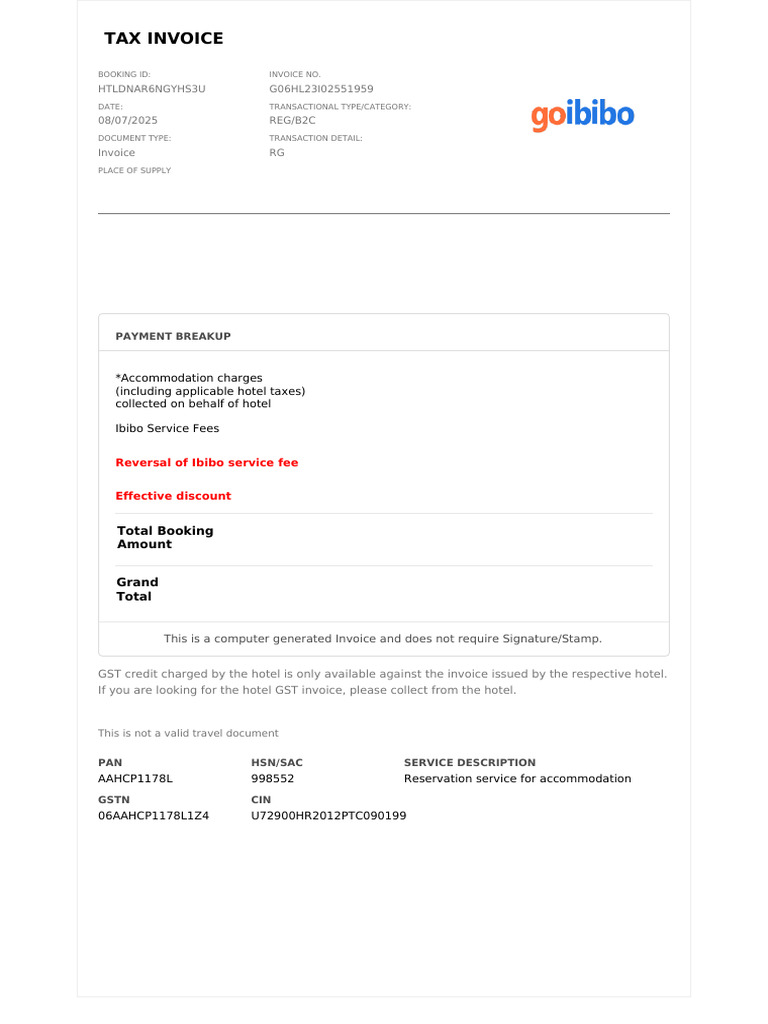 Hotel GST Invoice for Accommodation | PDF