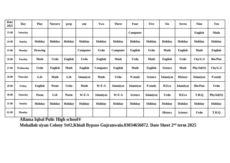 Date Sheet 2025 2nd Term | PDF