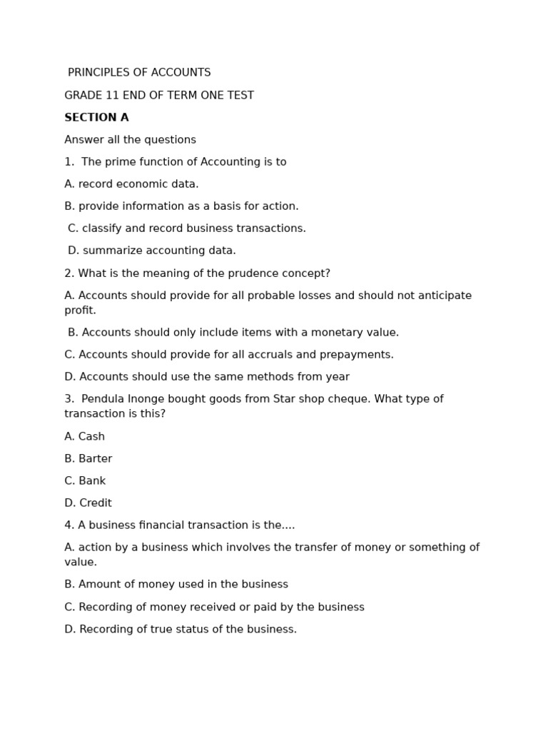 Grade 11 Accounting Test Questions | PDF | Debits And Credits | Cost Of ...