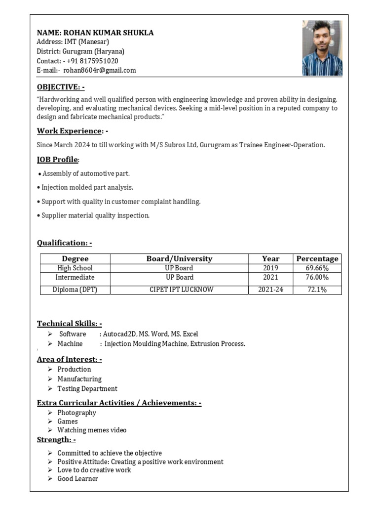 Rohan Kumar Shukla - Mechanical Engineer Resume | PDF