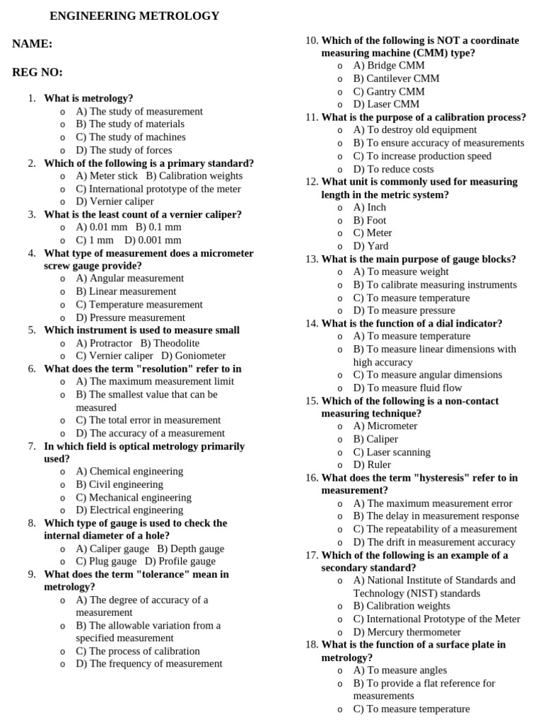 Engineering Metrology Basics Quiz | PDF | Calibration | Measurement
