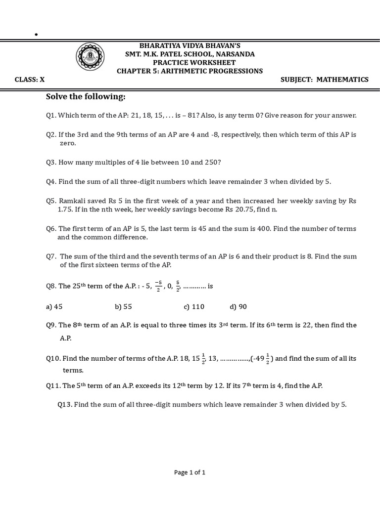 Arithmetic Progressions Practice Worksheet | PDF
