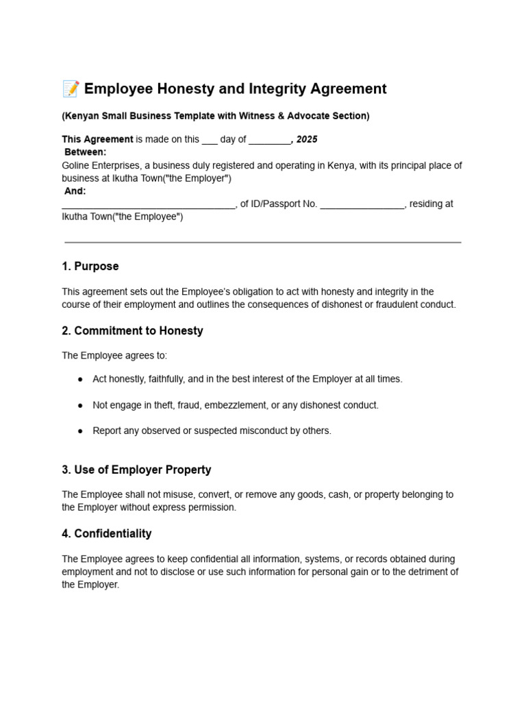 Employee Integrity Agreement Kenya | PDF | Fraud | Theft