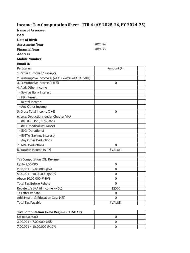ITR 4 Income Tax Computation AY 2025-26 | PDF