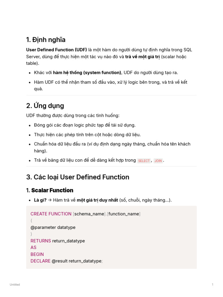 1. Định nghĩa: User Defined Function UDF trả về một giá trị hàm hệ ...
