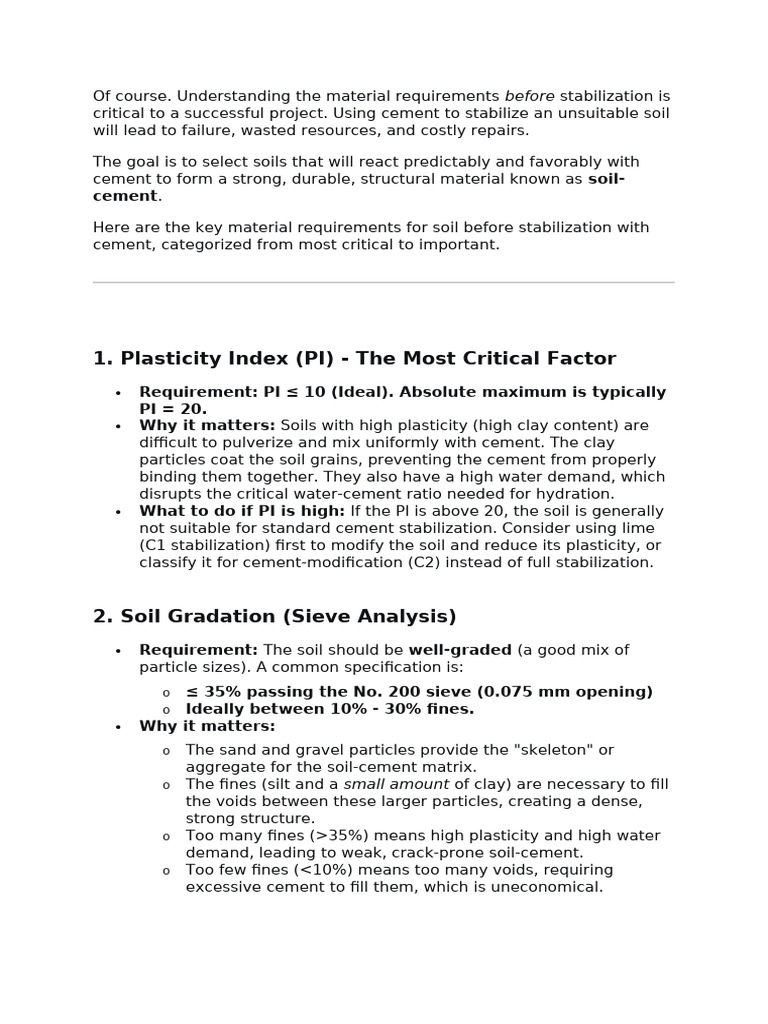 Key Soil Requirements for Cement Stabilization | PDF | Soil | Cement