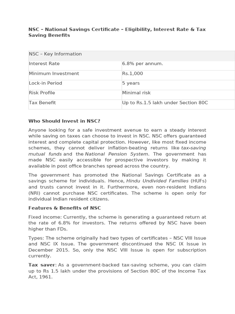 NSC: Eligibility, Interest & Tax Benefits | PDF | Interest | Interest Rates