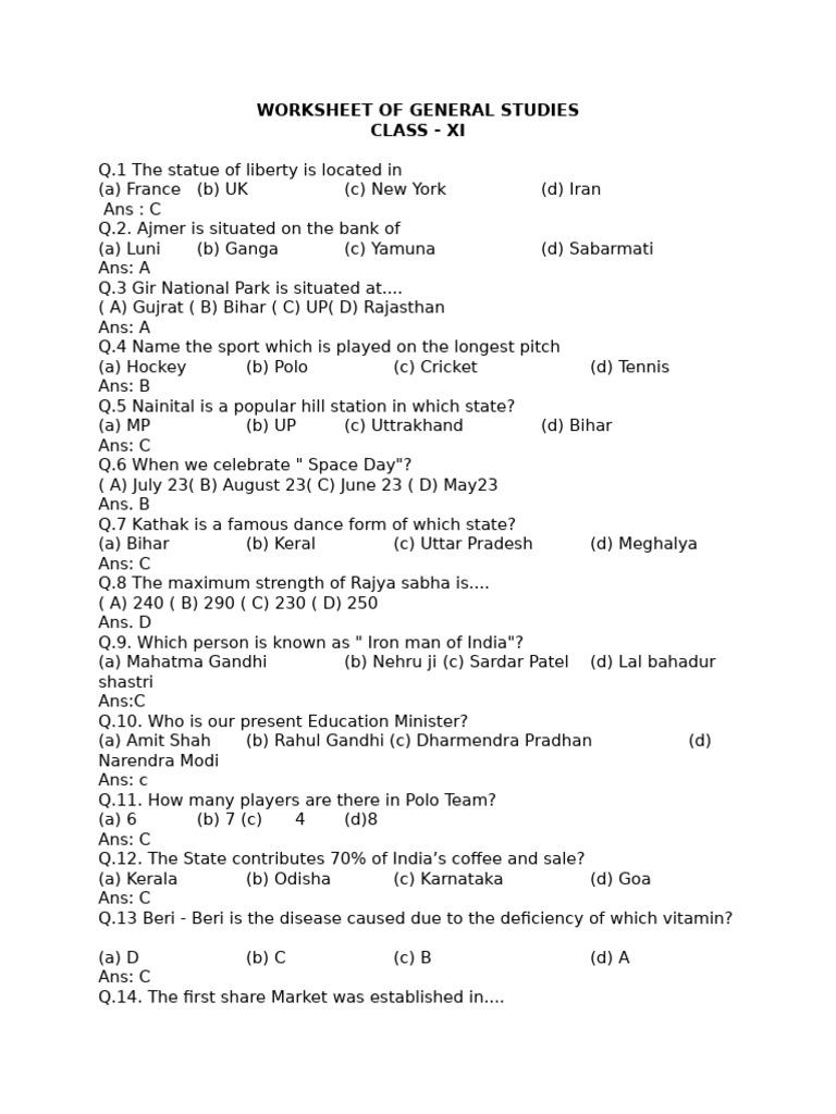Class XI General Studies Worksheet | PDF | Politics Of India ...