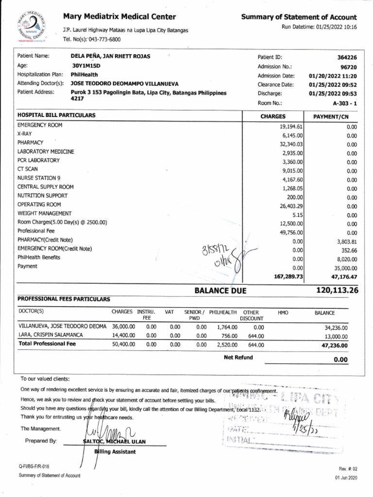Summary of Statement of Account Hospital Janrhett | PDF | Medical ...