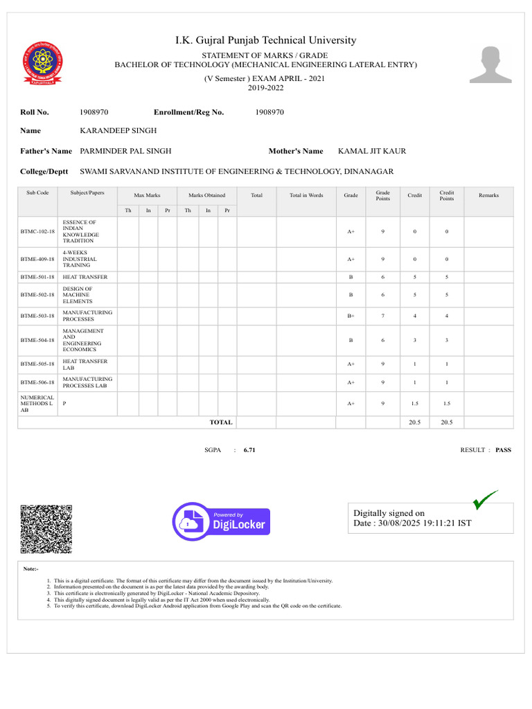 B.Tech Mechanical Engineering Marks Statement | PDF