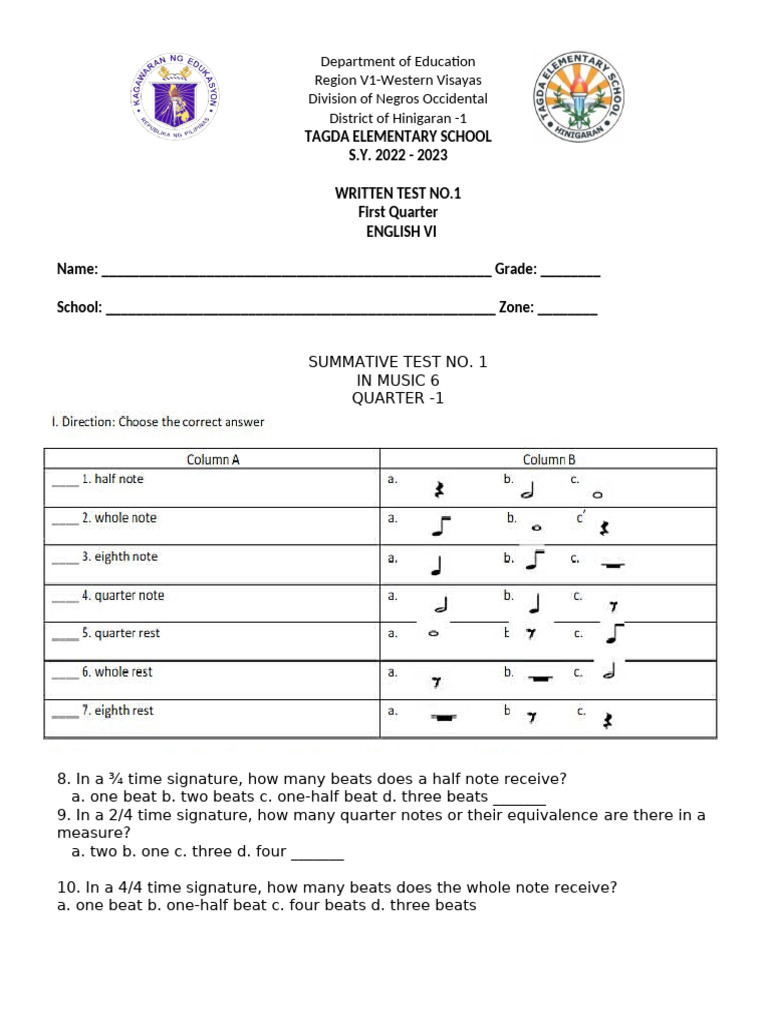 Music Summative Test for Grade 6 | PDF