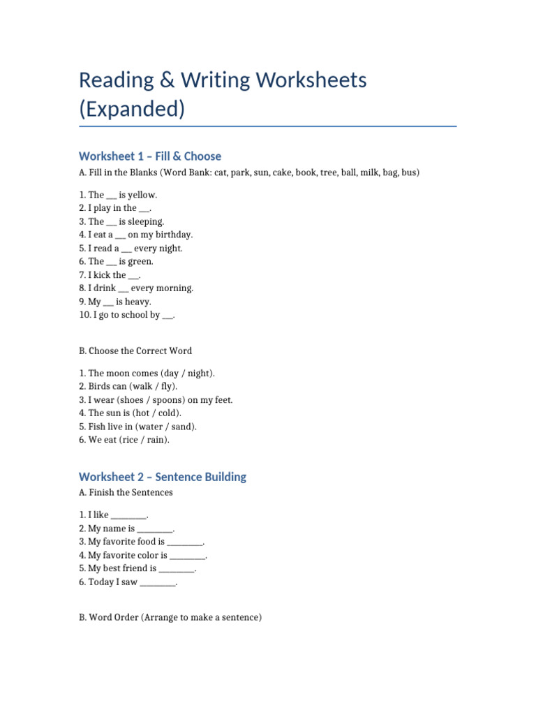 ASD Expanded Reading Writing Worksheets | PDF