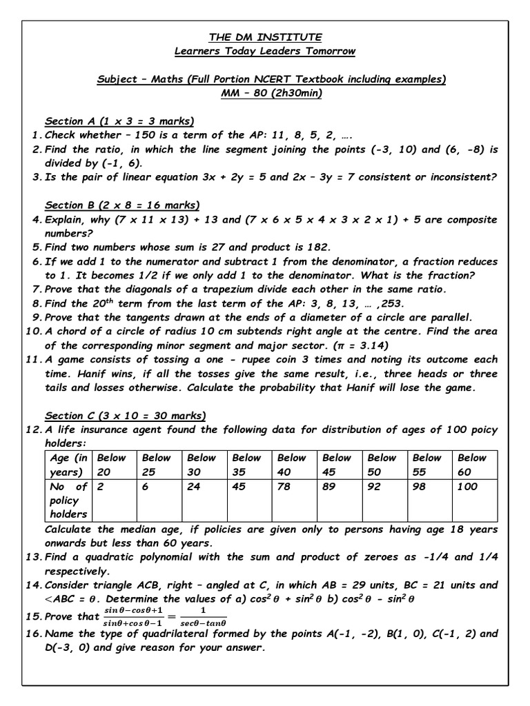 NCERT Maths Exam Questions and Solutions | PDF | Circle | Mathematics