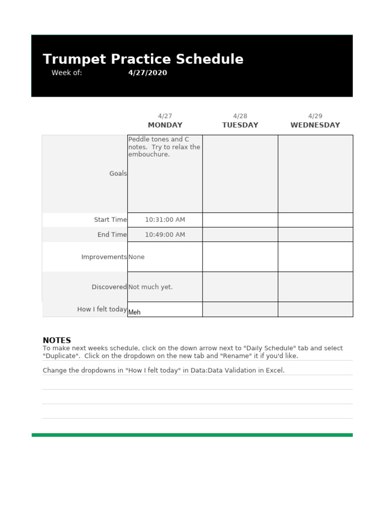 Weekly Trumpet Practice Schedule | PDF