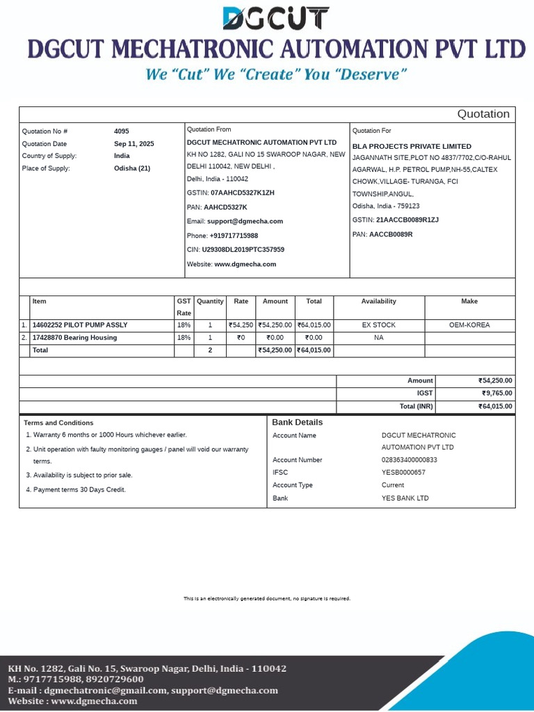 Quotation 4095 Dgcut Mechatronic Automation PVT LTD Bla Projects ...