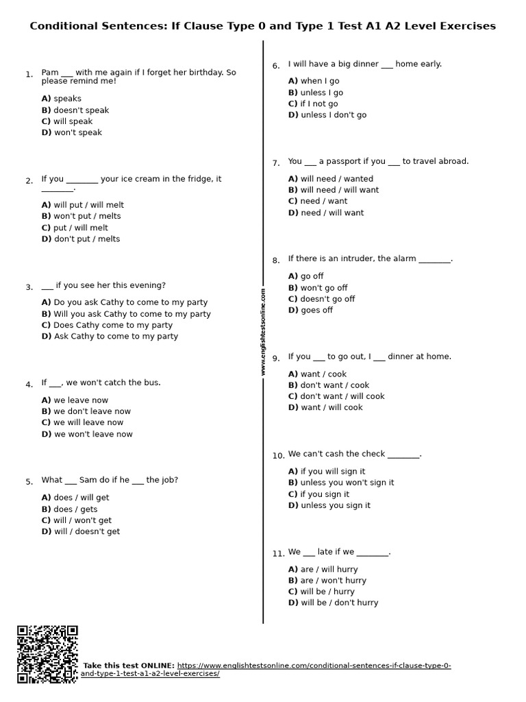 Conditional Sentences Test A1 A2 | PDF | Chess | Chess Theory