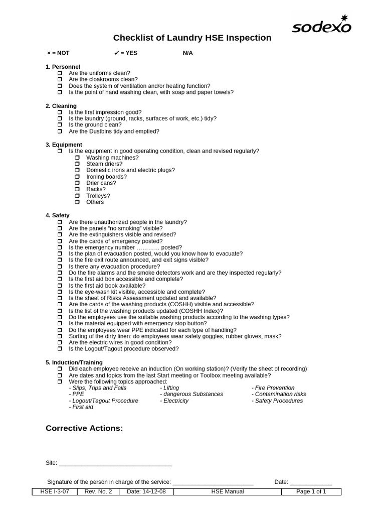 Laundry HSE Inspection Checklist | PDF | Personal Protective Equipment ...