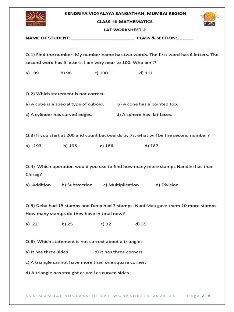 Class 3 Math Worksheet 2024-25 | PDF | Elementary Mathematics ...