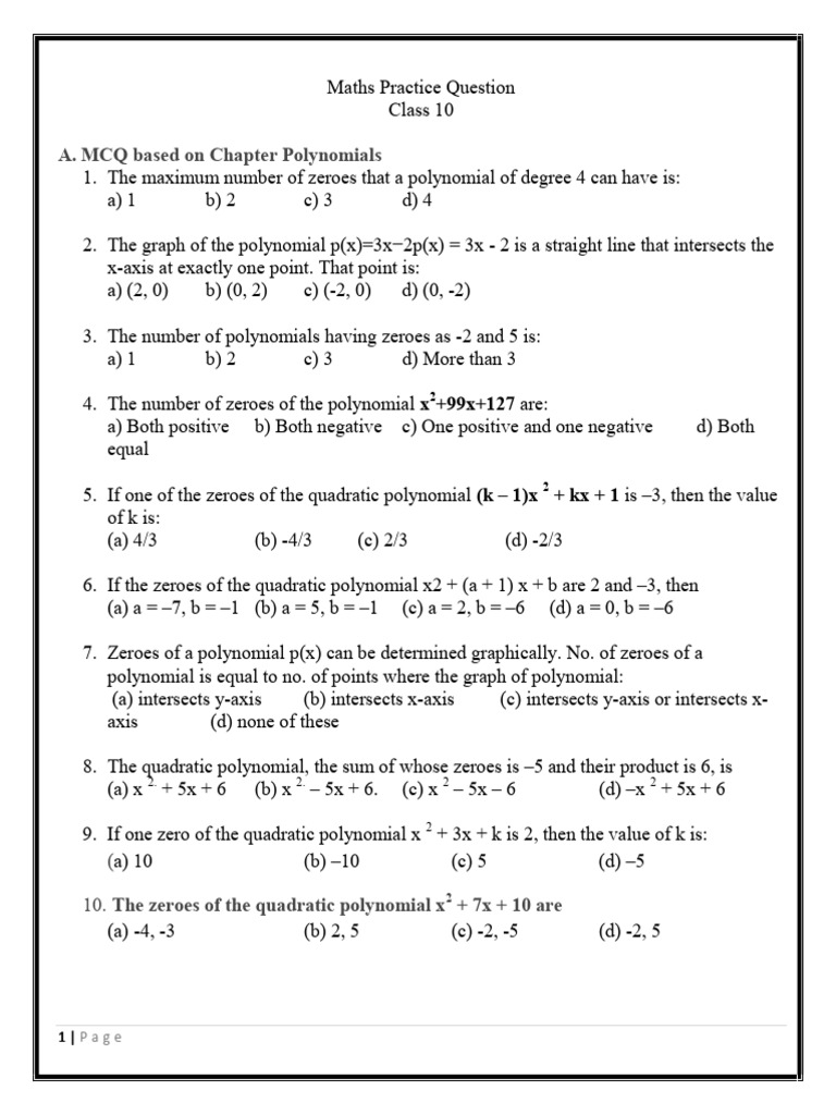 Class 10 Polynomial Practice Questions | PDF | Polynomial | Zero Of A ...