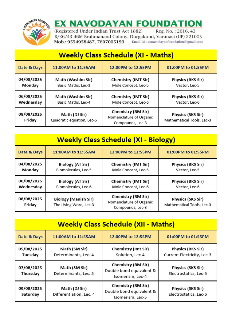 Weekly Class Schedule Overview | PDF | Mathematics