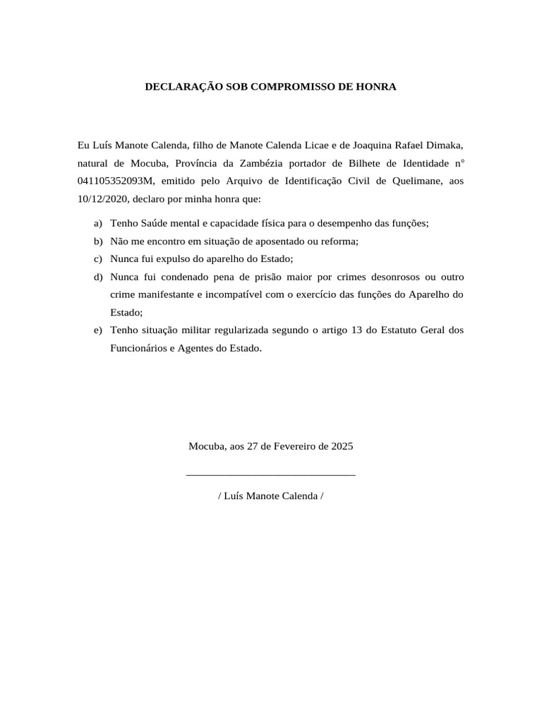 Declaração de Compromisso de Honra | PDF
