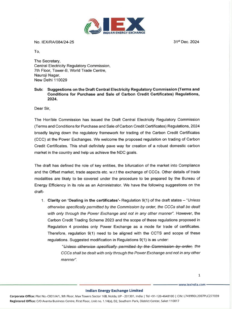 IEX Comments Draft CERC Purchase & Sale Carbon CC | PDF
