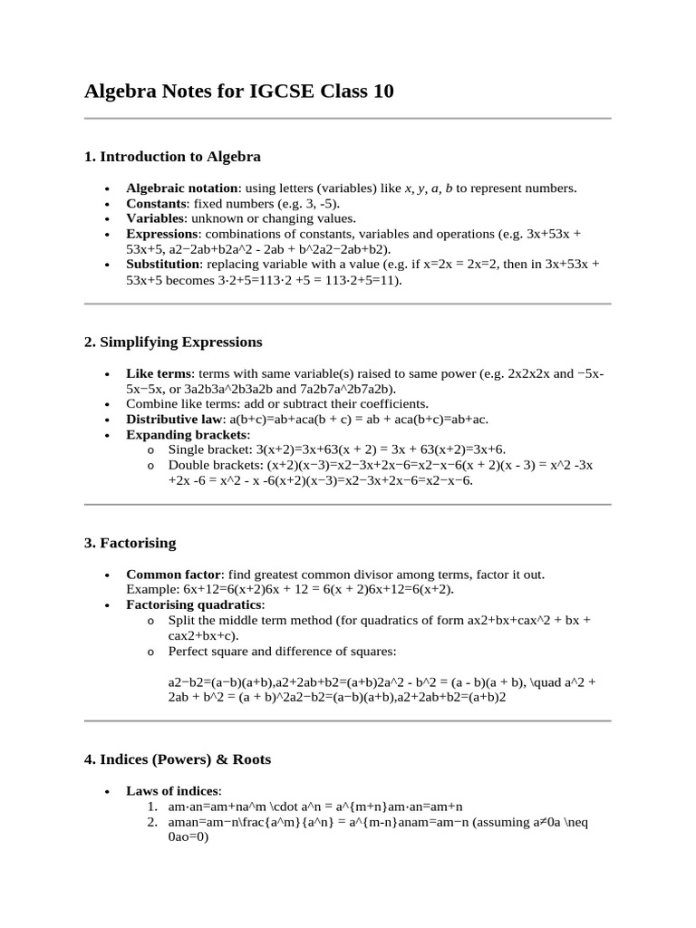 IGCSE Class 10 Algebra Notes | PDF | Factorization | Variable (Mathematics)
