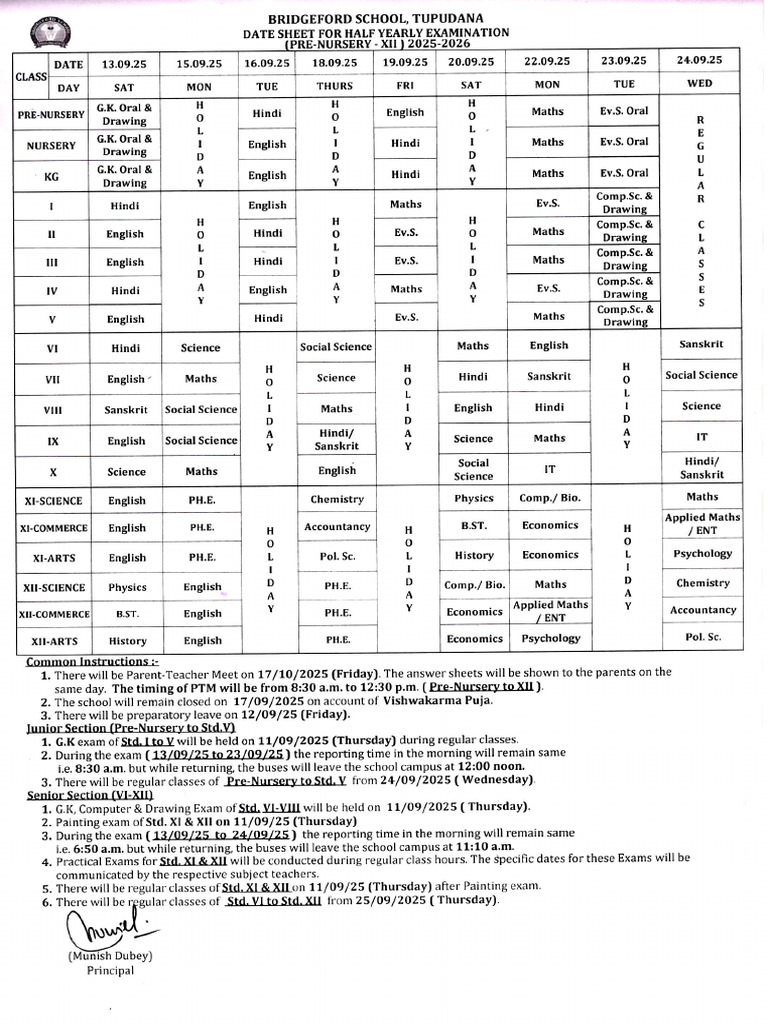 Half Yearly Exam Date Sheet 2025 | PDF