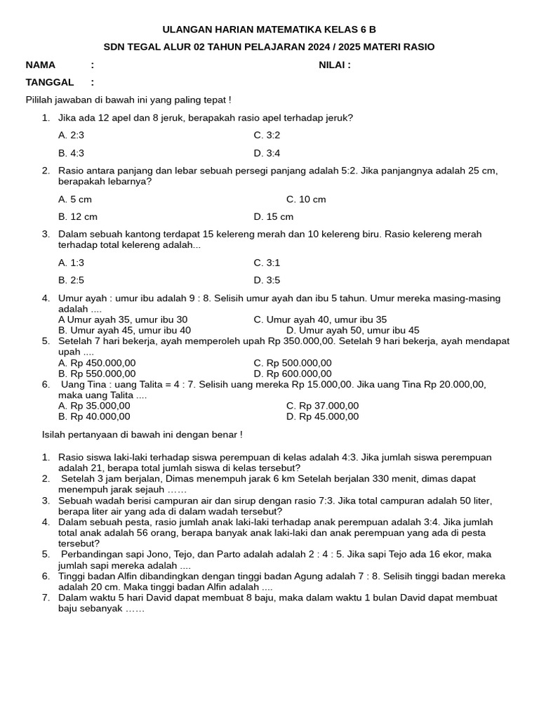 Ulangan Harian Matematika Kelas 6: Rasio | PDF