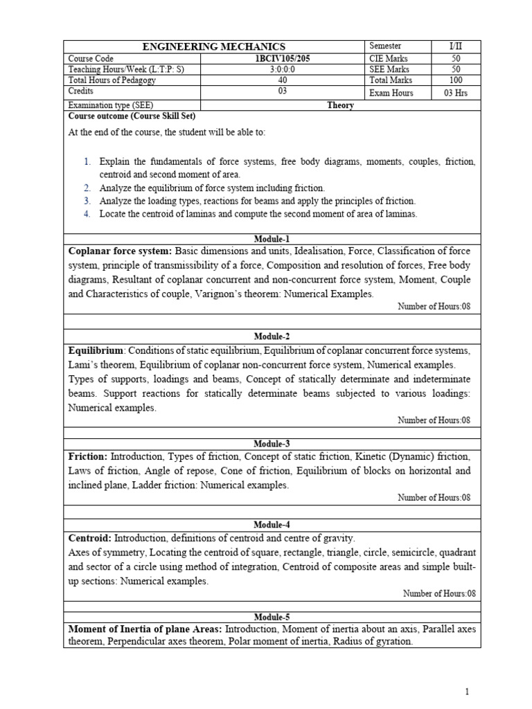 Engineering Mechanics Course Overview | PDF | Force | Friction