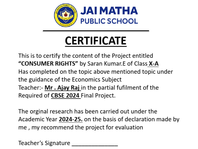 Certificate for Consumer Rights Project | PDF