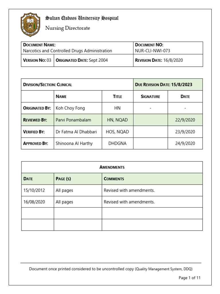 Narcotic and Controlled Drug Administration | PDF | Medical ...