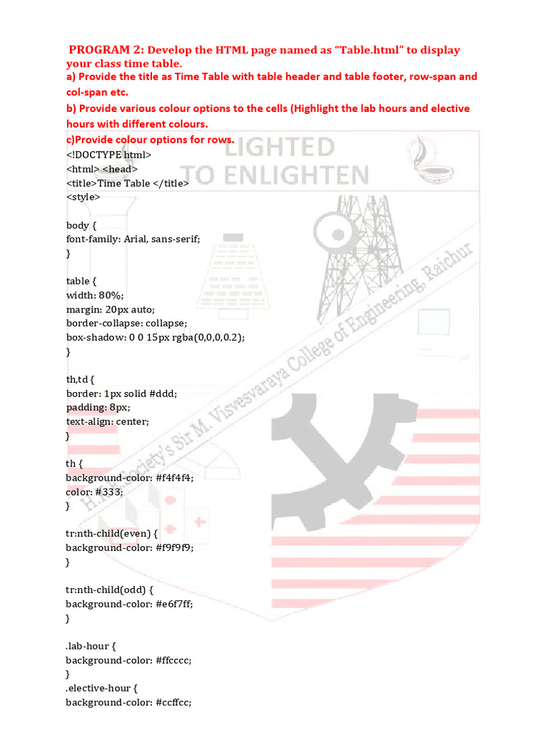 HTML Class Time Table Design | PDF