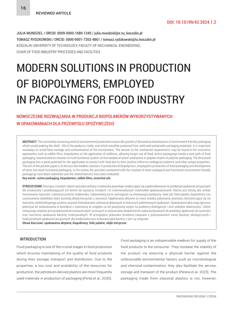 Biopolymers in Eco-Friendly Food Packaging | PDF | Biopolymer ...