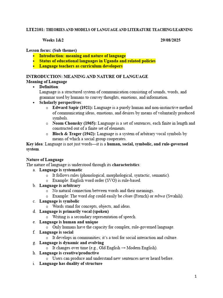 LTE2101 - Weeks 1-4 Notes | PDF | Curriculum | Language Education