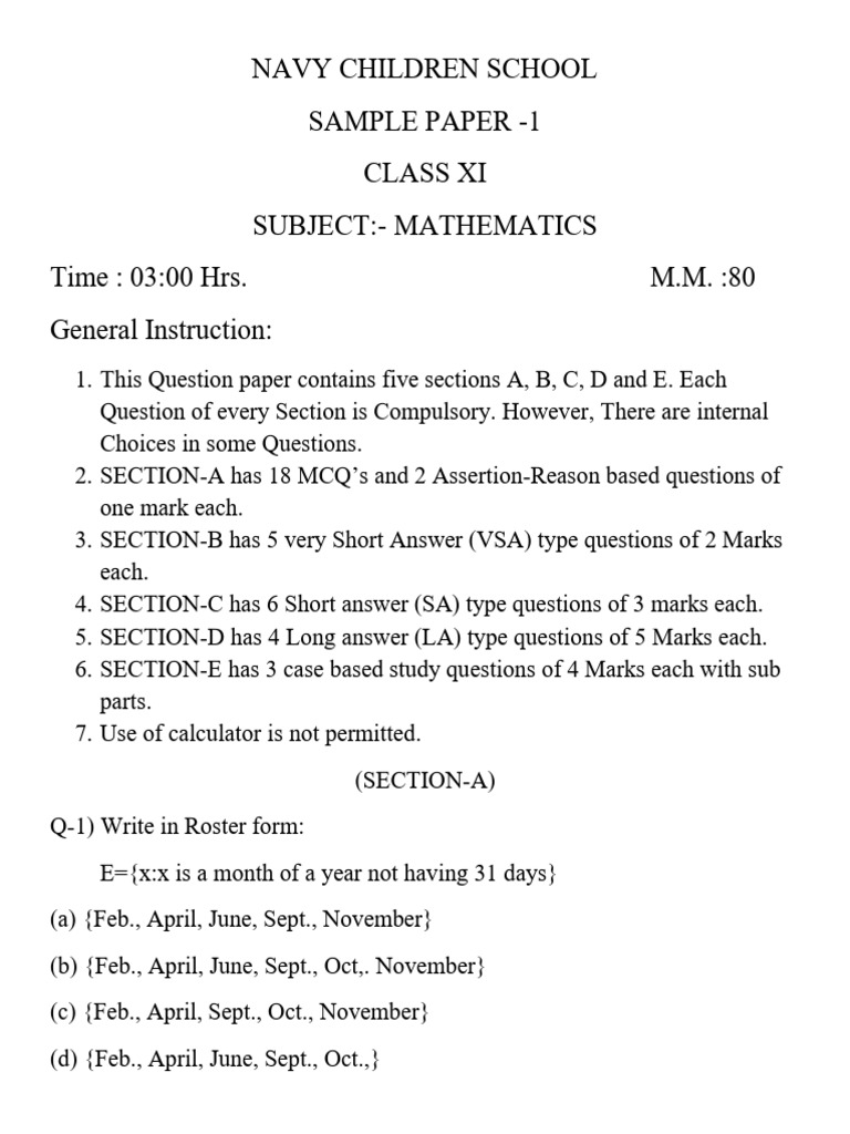 Class XI Mathematics Sample Paper | PDF | Mathematical Concepts ...