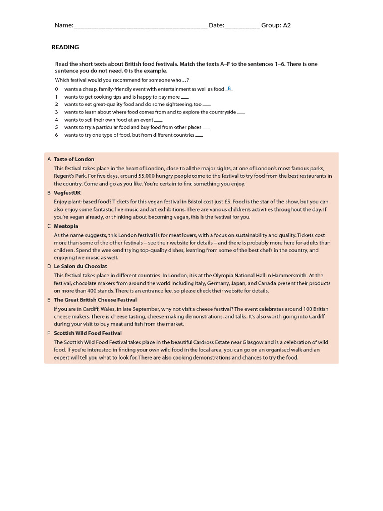 A2 Group Reading, Listening, Writing Form | PDF