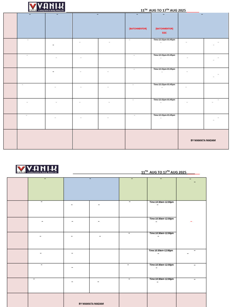 CRP Time Table 11th Aug-17th Aug 2025 | PDF | Mathematics