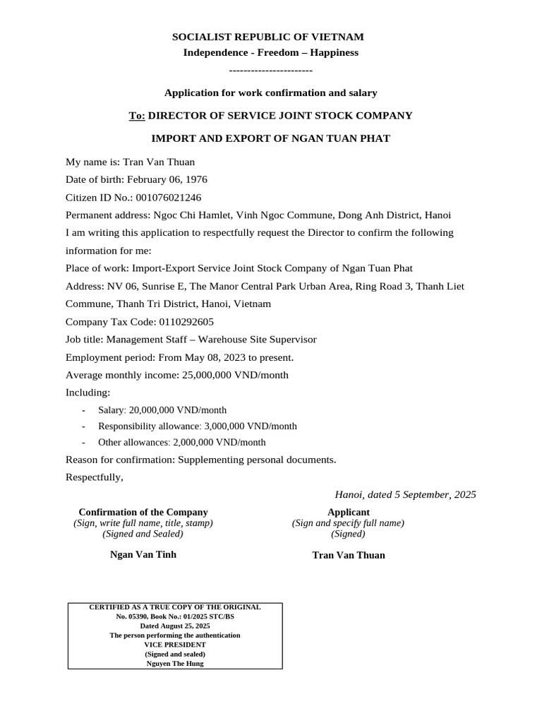Work Confirmation Application Template | PDF
