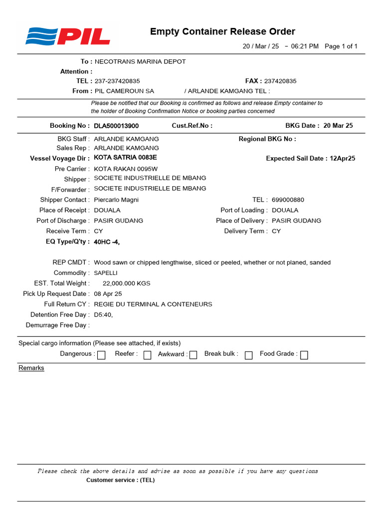 Empty Container Release Order Details | PDF
