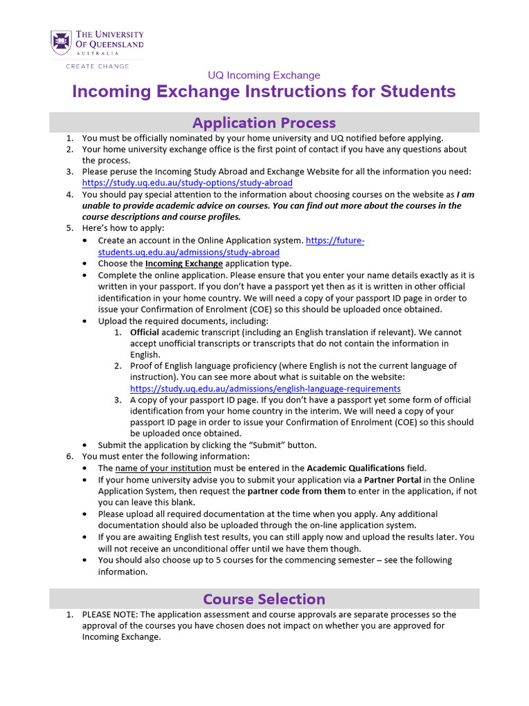 UQ Incoming Exchange Application Instructions For Students 2024 | PDF ...