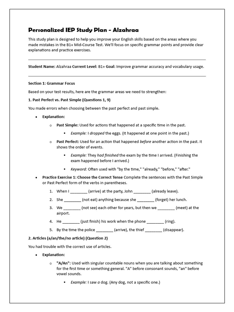 Personalized IEP Study Plan for English | PDF | Adverb | Verb