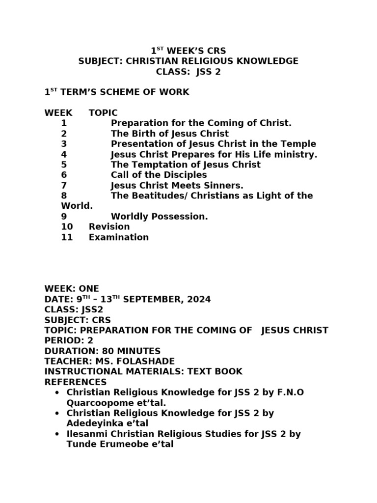 JSS2 CRS First Term Scheme of Work | PDF | Jesus | Prophecy