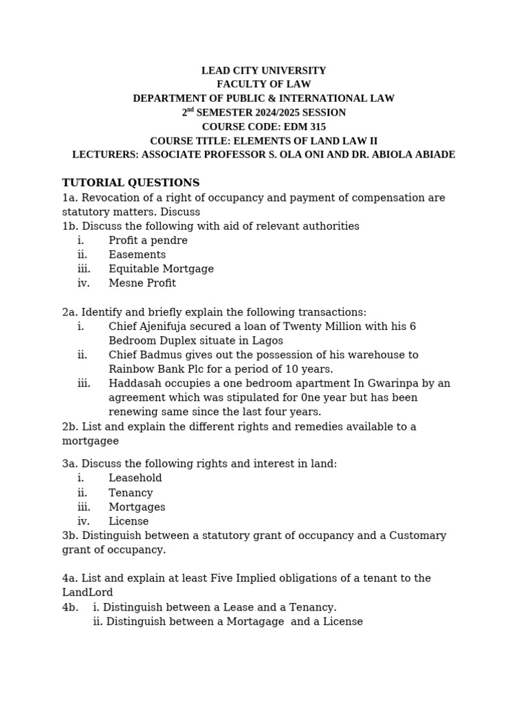 Land Law: Rights and Occupancy Issues | PDF | Leasehold Estate ...