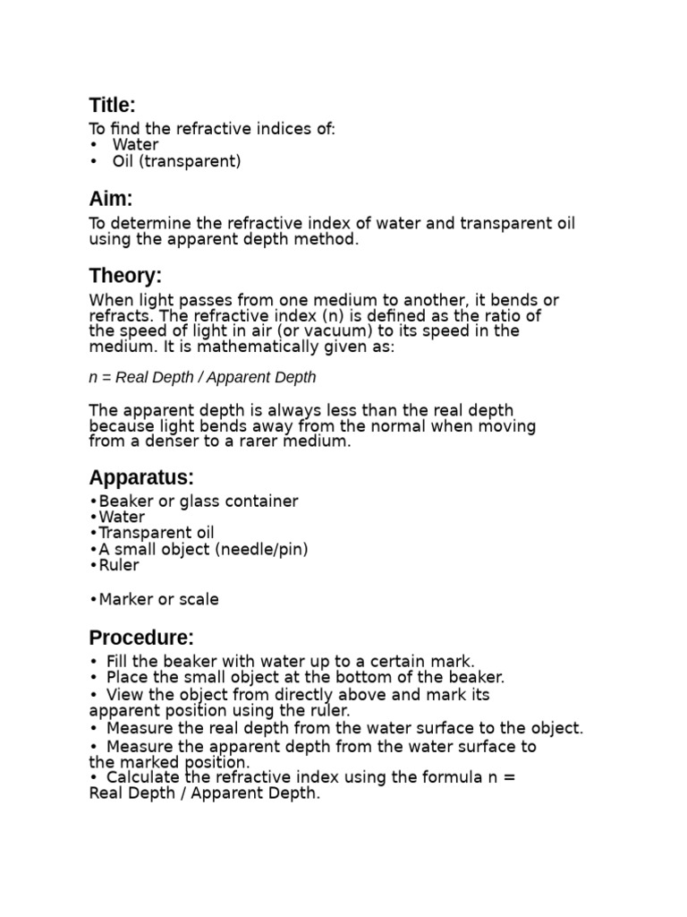 Refractive Indices of Water and Oil | PDF