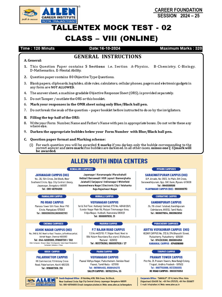 Tallentex Mock Test Class 8 Instructions | PDF