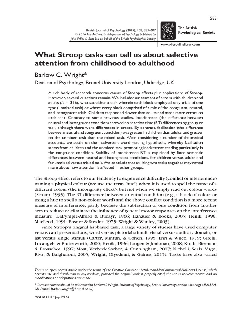 Stroop Tasks and Selective Attention Study | PDF | Cognitive Science ...