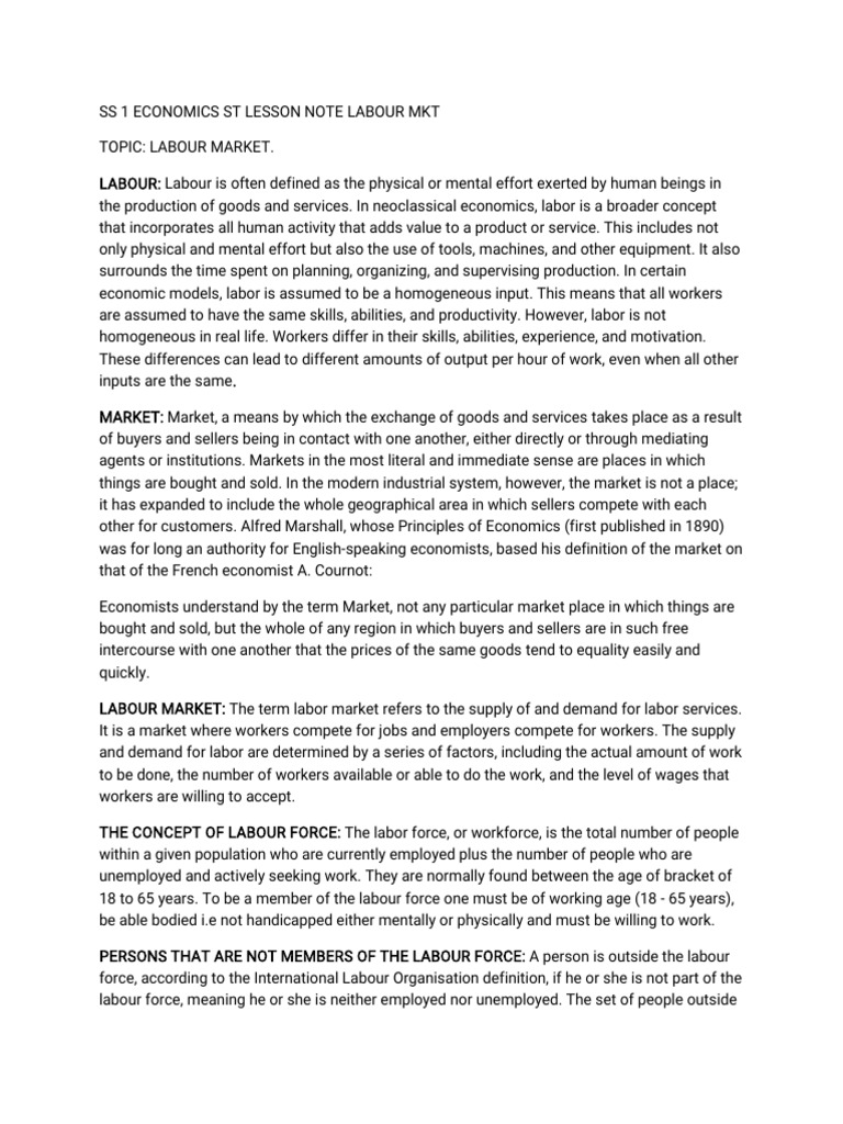 5919 - .Ss 1 Economics ST Lesson Note Labour MKT | PDF | Labour ...