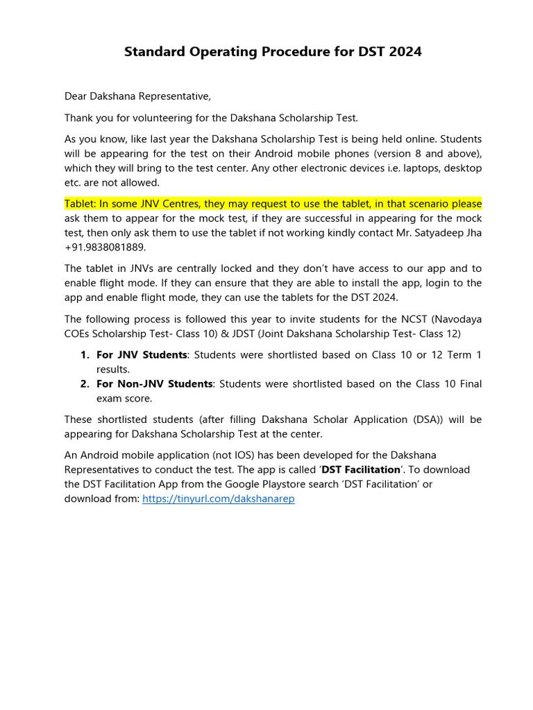 DST 2024 SOP for Dakshana Representatives | PDF | Mobile App | Tablet ...