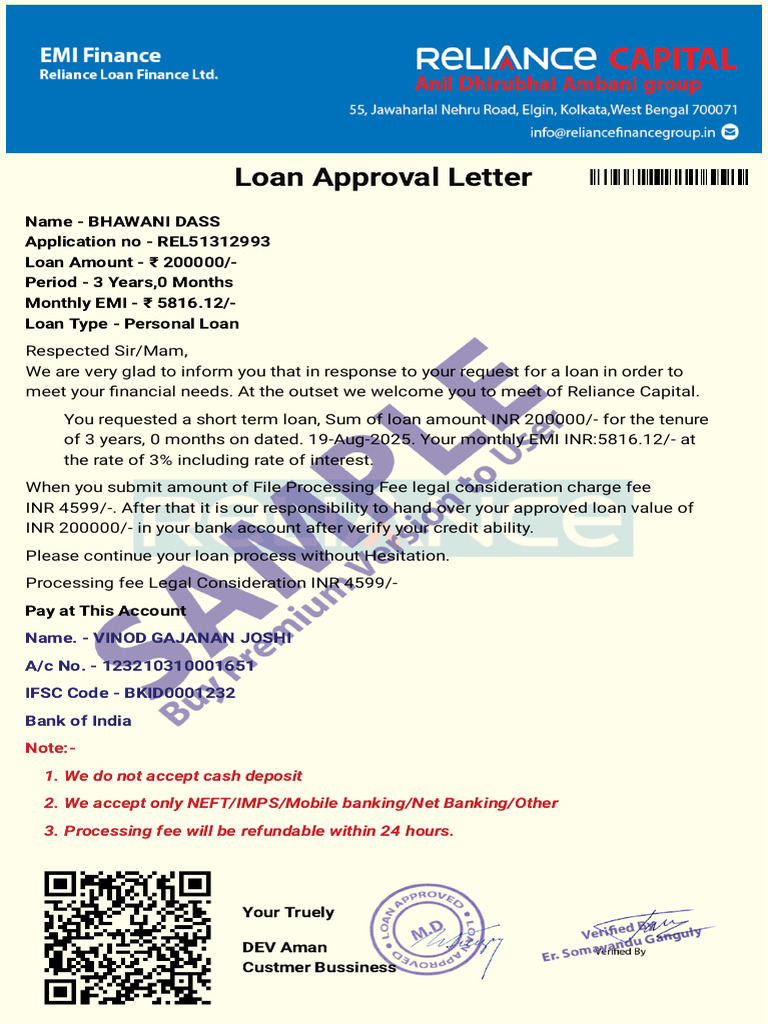 Reliance Finance Loan Approval Letter | PDF